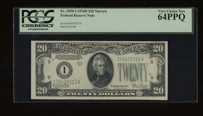 DBR 1934-D $20 Minneapolis NARROW Fr. 2058-In PCGS 64 PPQ Serial I24439313A - Image 1 of 2