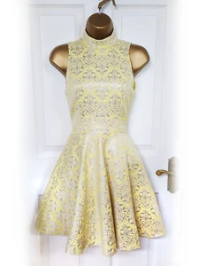 MISS SELFRIDGE Lemon Yellow & Silver Jacquard Fit & Flare Dress, Size 6 - VGC - Picture 1 of 7