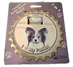 Neu mit Etikett E&S Pets I Love My Papillon Flaschenöffner, Untersetzer & Magnet - Bild 1 von 1