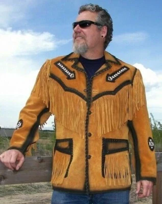 Casaco de homem da montanha com franjas de camurça com miçangas indiano Crockett nativo americano - Imagem 1 de 4