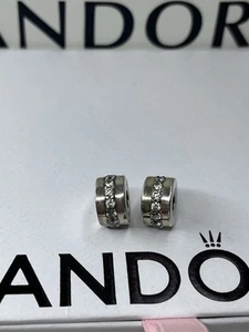 Genuine Pandora Moments Silver Clear Sparkling Row Clip charms X 2 - Picture 1 of 3