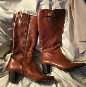 Bandolino Tall Cognac Brown Leather Boots Womens Size 8.5 Block Heel Zip Buckle - Picture 1 of 10