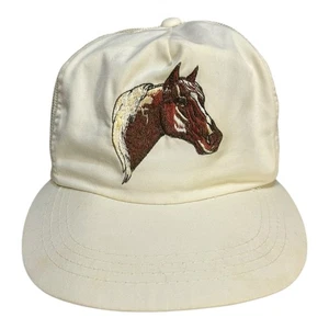 Vintage MHC Horse Embroidered Trucker Hat Mesh Snapback Cream Made in Korea - Picture 1 of 8