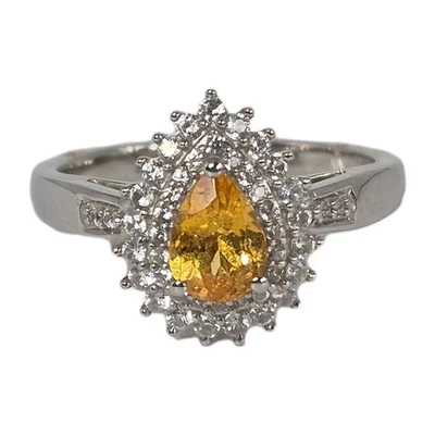 Spessartine Garnet & Zircon Halo Ring Size 8 Platinum Over Sterling Silver - Image 1 of 4