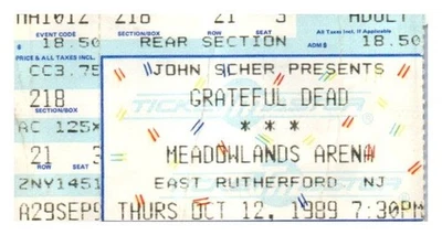 Grateful Dead Concert Ticket Stub October 12 1989 East Rutherford New Jersey - Image 1 of 4