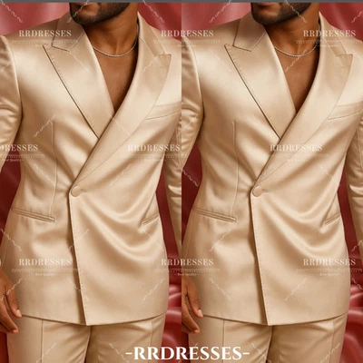 Traje de satén de seda para hombre graduación noche dorado chaqueta banquete trajes informales 2 piezas pantalones Foto 1 de 4