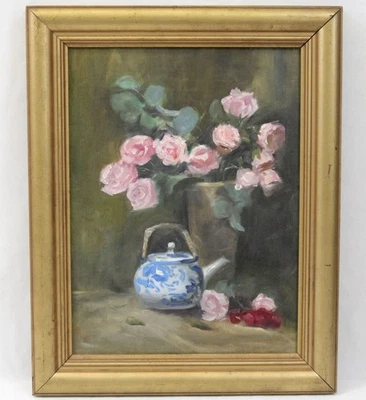 Janet Tressler 12x16 Oil Painting Impressionist Still Life Rose Flowers Teapot - Image 1 of 4