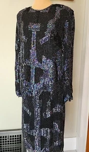 Vintage STENAY Stunning Silk Plus 1X Navy Blue Iridescent Sequin 2 Pc Dress Set - Picture 1 of 20