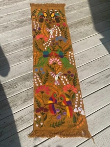 Parrots Birds Mexican Embroidered Table Runner Chiapas 60x16 Mustard Yellow 112 - Picture 1 of 6