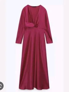 ZARA BNWT SATIN EFFECT KNOTTED MIDI FUSCHIA DRESS SIZE XL 8873/323 BLOGGERS FAV - Picture 1 of 9