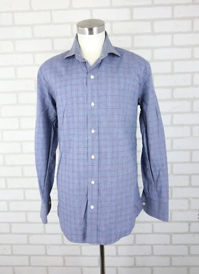 Ledbury Dress Shirt Mens 16.5 Slim Fit Blue Red Plaid Tartan Window Button READ - Image 1 of 4