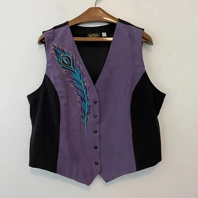 Bob Mackie Wearable Art Vest Womens 1X Purple Black Peacock Feather - Image 1 of 4