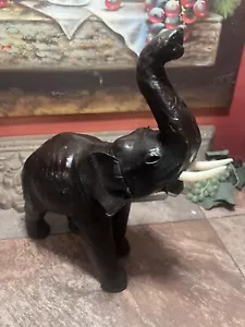 Vintage 14" Tall Leather Wrapped Elephant Scupture with trunk up & Tusks Intact - Picture 1 of 8