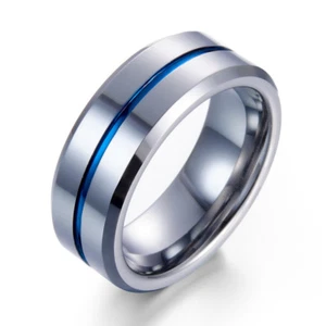 8MM Blue&Silver Tungsten Steel Carbide Band Mens Engagement Party Ring Size 7-12 - Picture 1 of 10