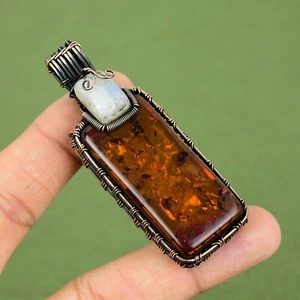 Pressed Amber,Moonstone Gemstone Handmade Copper Wire Wrapped Pendant CSP-07 - Picture 1 of 5