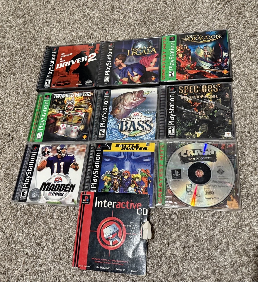 PS1 Game lot Legend of Legaia Dragoon Twisted Metal Crash Bandicoot Driver 2 - Image 1 of 4