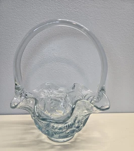 Fenton Glass Basket Embossed Strawberry Pattern Light Blue 7” Tall Vintage - Picture 1 of 8