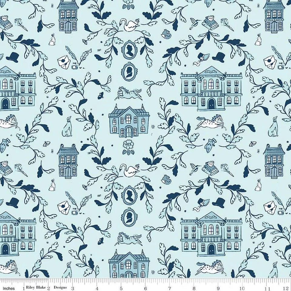 ~ Riley Blake Licensed Pride & Prejudice Pemberley  C13770 Blue Fabric BTY ~ - Image 1 of 1