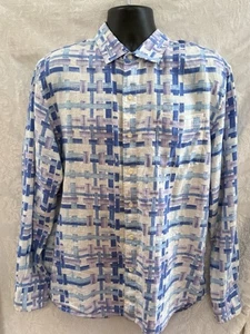 TOMMY BAHAMA Men’s 100% LINEN Shirt~LARGE~Long Sleeved WHITE w/Blue GEOMETRIC - Picture 1 of 7