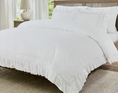 RACHEL ZOE ПОТЕРТЫЙ БЕЛЫЙ ОТВЕРСТИЕ КРУЖЕВА КРАЯ РАМКА КОРОЛЬ ПУХОВОЕ ОДЕЯЛО КОМПЛЕКТ 3ШТ - Изображение 1 из 2
