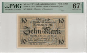 1922 Memel area 10 mark Lithuania Klaipeda PMG 67 EPQ TOP POP - Picture 1 of 2