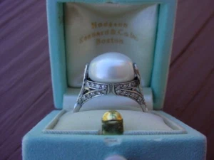 Edwardian GIA Natural 12mm Pearl Diamond Platinum Ring - Picture 1 of 9