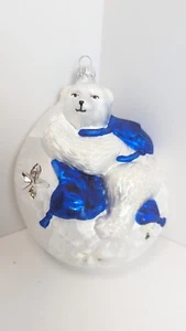 Vintage Krebs White Glass Polar Bear On The Moon Christmas Ornament Germany 6" - Picture 1 of 4