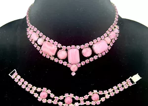 COLLAR Y PULSERA DE CRISTAL CON ESTRÁS DE PIEDRA LUNAR ROSA CHECO Demi JUEGO DE PARURE DE COLECCIÓN - Imagen 1 de 9