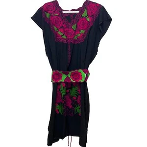 Mexican Embroidered Floral Artisans Handmade Dress Matching Belt M/L - Picture 1 of 10