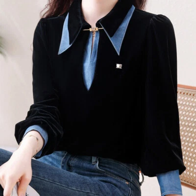 Blusa feminina de veludo emenda denim camisas camisetas casual preta manga longa - Imagem 1 de 4