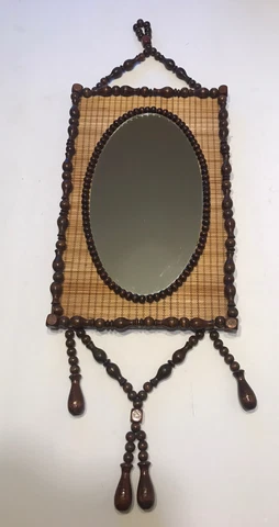 Vintage RETRO Wood Beaded BOHO Wall Mirror w/Tassels-26" tall Cover