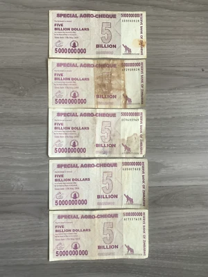 ZIMBABWE 5 BILLION DOLLARS (2008)  AGRO CHEQUE - 5 NOTES -Well Circulated -L1 - Image 1 of 4