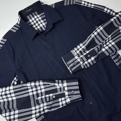纪梵希巴黎纽扣衬衫海军蓝格子白色 100% 棉男式 16/41 二手状况完好 — 第 1/4 张图片