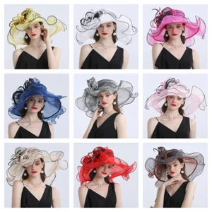Organza Kentucky Sun Hat Elegant Hats Wide Brim Flower Fascinator Derby Hat - Foto 1 di 22