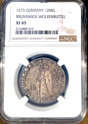 1673 Estados alemanes Brunswick Wolfenbuttel Wildman 1/3 Taler, 12 mg, NGC XF 45 Foto 1 de 2