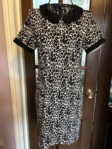 Yumi size 16 short sleeve cotton leopard print knee length dress black/beige - Picture 1 of 6