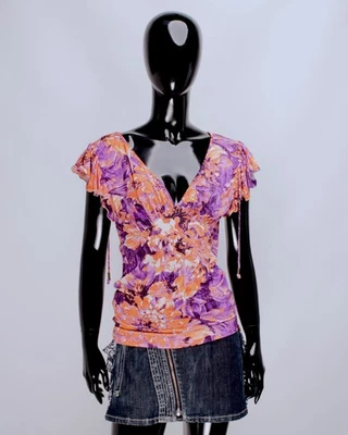 Camiseta para mujer JUST CAVALLI Vintage Floral Flores Viscosa Púrpura Naranja Talla M Foto 1 de 4