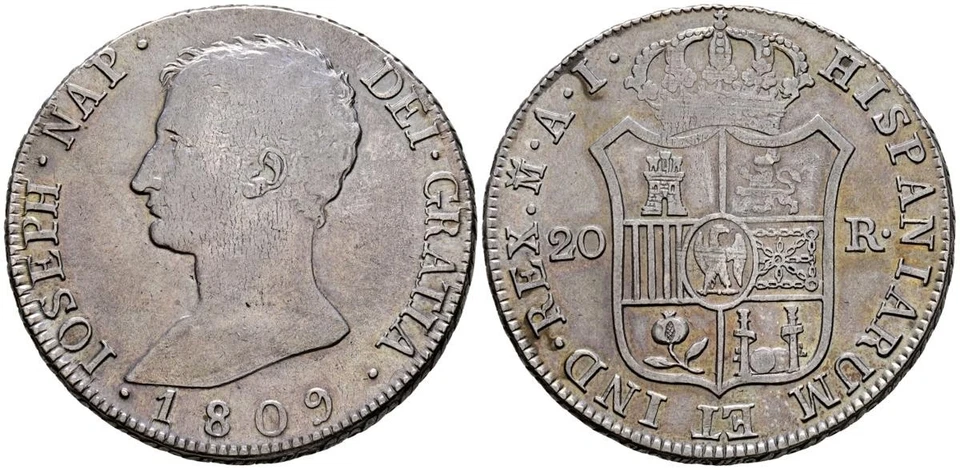 José Napoleón (1808-1813). 20 reales. (Ar. 27,21g/39mm). 1809. Madrid. Ia. (Cal Foto 1 de 1