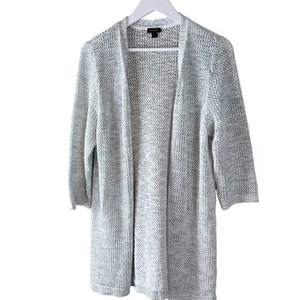J. Jill Womens Blue White Crochet Cotton 1/2 Sleeve Open Cardigan Sweater Sz L - Picture 1 of 7
