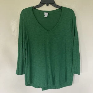Chico’s Green 3/4 Sleeve V-Neck Burnout Tee - Picture 1 of 5