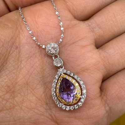 925 Sterling Silver Necklace 8x5mm Natural Amethys Gemstone Zircon Teardrop Gift - Image 1 of 4