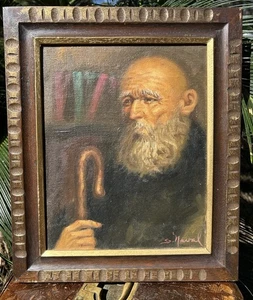 Antique Original Oil Painting Old Man Monk Scholar Vintage Signed ORIGINAL - Picture 1 of 8