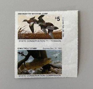 1983 Iowa VERTICAL PAIR, IMPERF HORZ & at RIGHT, Duck/Trout stamp w/faults IA12a - Picture 1 of 2