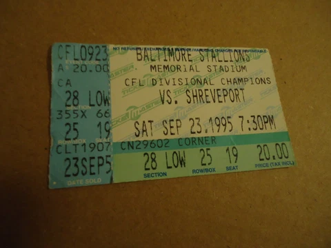 Baltimore Stallions CFL vs Shreveport football ticket 9 23 1995 Memorial Stadium Cover