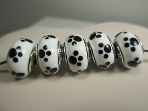 5 Pandora Silver 925 Ale Black White Pet Paw Cute Glass Murano Beads Charms New