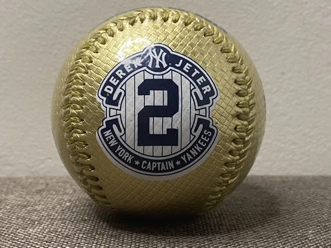 Derek Jeter Retirement Baseball W/ Picture and Career Highlights Gold NEW In Bag Cover