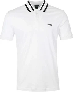 Hugo Boss Mens Paule White Cotton Stripe Detail Collar Polo Tee Shirt New - Picture 1 of 2
