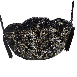Small Black & Gold Beaded Bag Purse Scalloped Top Tassels & Bead Shoulder Strap - Picture 1 of 9