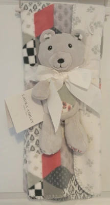 Laura Ashley Baby Blanket & Plush Toy Gift Set Bear Thistle Patchwork Gray Green - Image 1 of 4