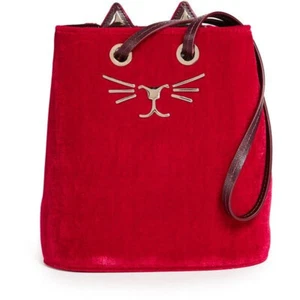 CHARLOTTE OLYMPIA Feline Velvet Bucket Bag Shoulder Cat Crossbody Red $1125 - Picture 1 of 10